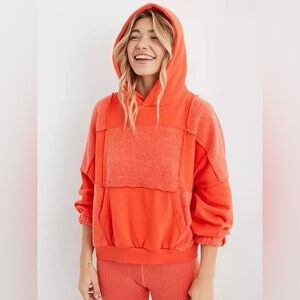 Aerie Sherpa Patchwork Hoodie, orange, size M